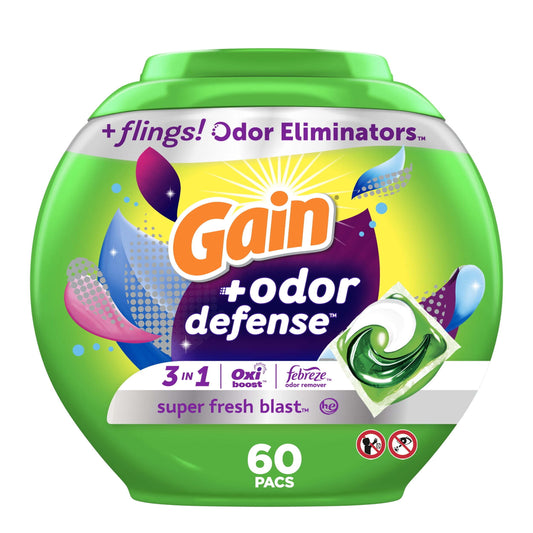 Gain Flings Laundry Detergent Packs with Odor Defense, Super Fresh Blast Scent, 60 Count